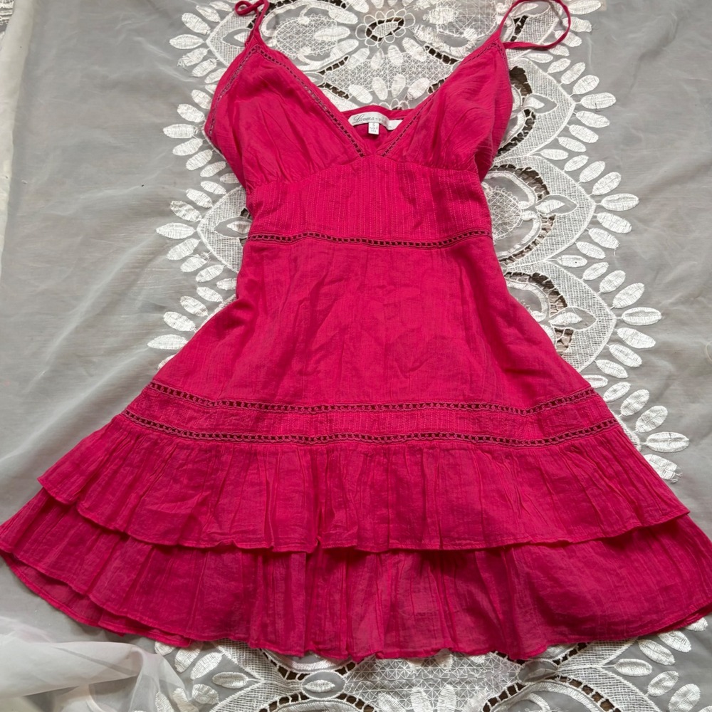 Cute Babydoll Pink Cotton Ruffle Mini Dress Crochet Lace Trim Sleeveless Sz S